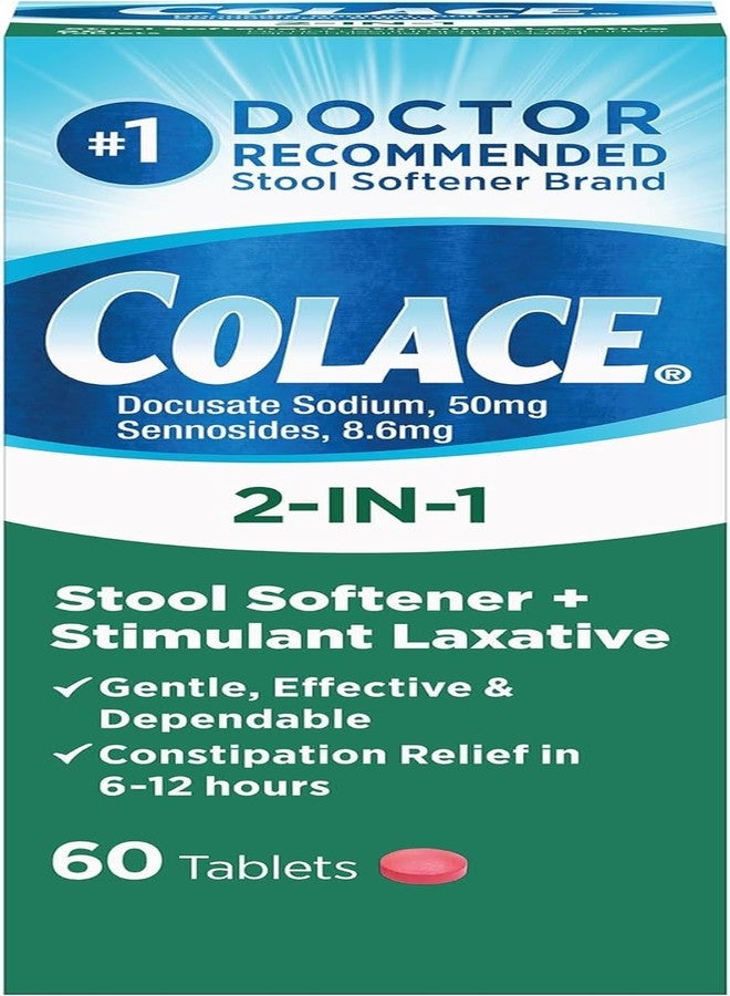 Colace 2-IN-1 Stool Softener & Stimulant Laxative Tablets, 60 Count, Gentle Constipation Relief in 6-12 Hours